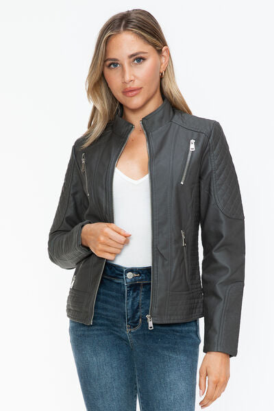 Snobbish Faux Leather Zip Up Mock Neck JacketThe Faux Leather Zip Up Mock Neck Jacket is a sleek and versatile outerwear piece. Made from durable faux leather, this jacket features a stylish mock neck design anSnobbish Faux Leather ZipSnobbish Faux Leather Zip