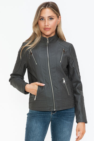 Snobbish Faux Leather Zip Up Mock Neck JacketThe Faux Leather Zip Up Mock Neck Jacket is a sleek and versatile outerwear piece. Made from durable faux leather, this jacket features a stylish mock neck design anSnobbish Faux Leather ZipSnobbish Faux Leather Zip