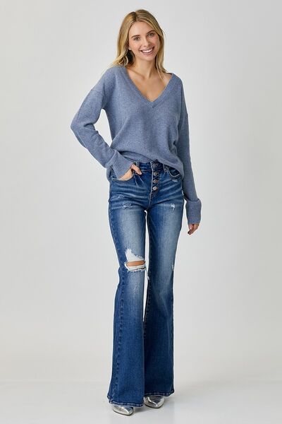 RISEN Distressed Button-Fly Flare JeansThe leg of these jeans presents a popular flared pants design, giving you more charm and personality when wearing them. Whether paired with a shirt, t-shirt or top, RISEN Distressed Button-Fly Flare JeansRISEN Distressed Button-Fly Flare Jeans