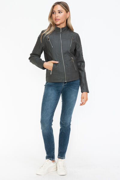 Snobbish Faux Leather Zip Up Mock Neck JacketThe Faux Leather Zip Up Mock Neck Jacket is a sleek and versatile outerwear piece. Made from durable faux leather, this jacket features a stylish mock neck design anSnobbish Faux Leather ZipSnobbish Faux Leather Zip