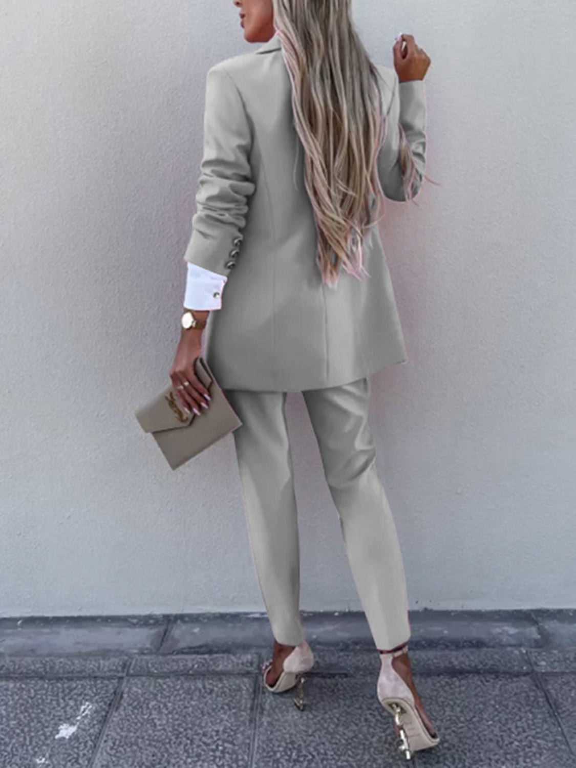 Lapel Collar Long Sleeve Blazer and Pants SetFeatures: Basic style
Number of pieces: Two-piece
Stretch: Slightly stretchy
Material composition: 95% polyester, 5% spandex
Care instructions: Machine wash cold. TuLapel Collar Long Sleeve BlazerLapel Collar Long Sleeve Blazer