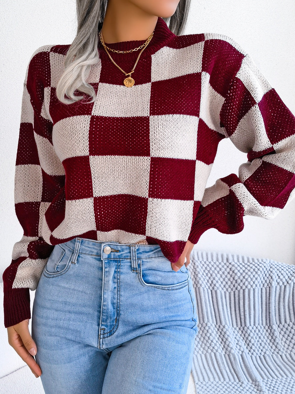 Checkered Mock Neck Long Sleeve SweaterFeatures: Basic style
Stretch: No stretch
Material composition: 100% acrylic
Care instructions: Machine wash cold. Tumble dry low.
Imported
Product Measurements (MeaCheckered Mock Neck Long Sleeve SweaterCheckered Mock Neck Long Sleeve Sweater