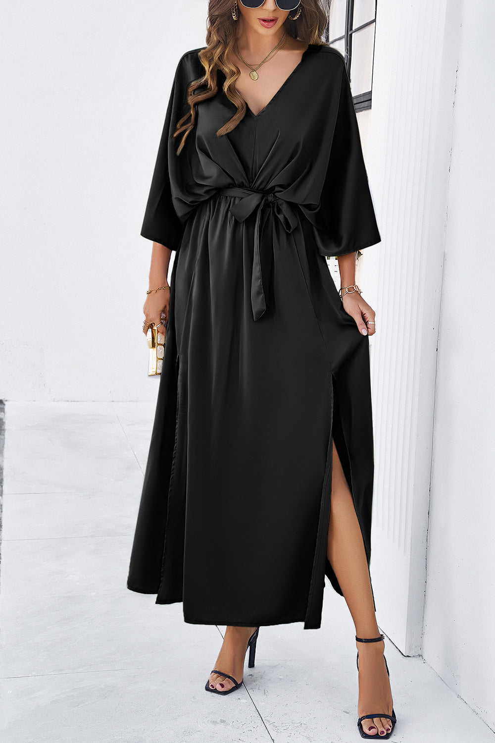 Devine Slit Tied V-Neck Three-Quarter Sleeve DressFeatures: Tied, Slit
Sheer: Opaque
Stretch: Slightly stretchy
Body: Not lined
Material composition: 100% polyester
Care instructions: Machine wash cold. Tumble dry lDevine Slit TiedDressesDevine Slit Tied