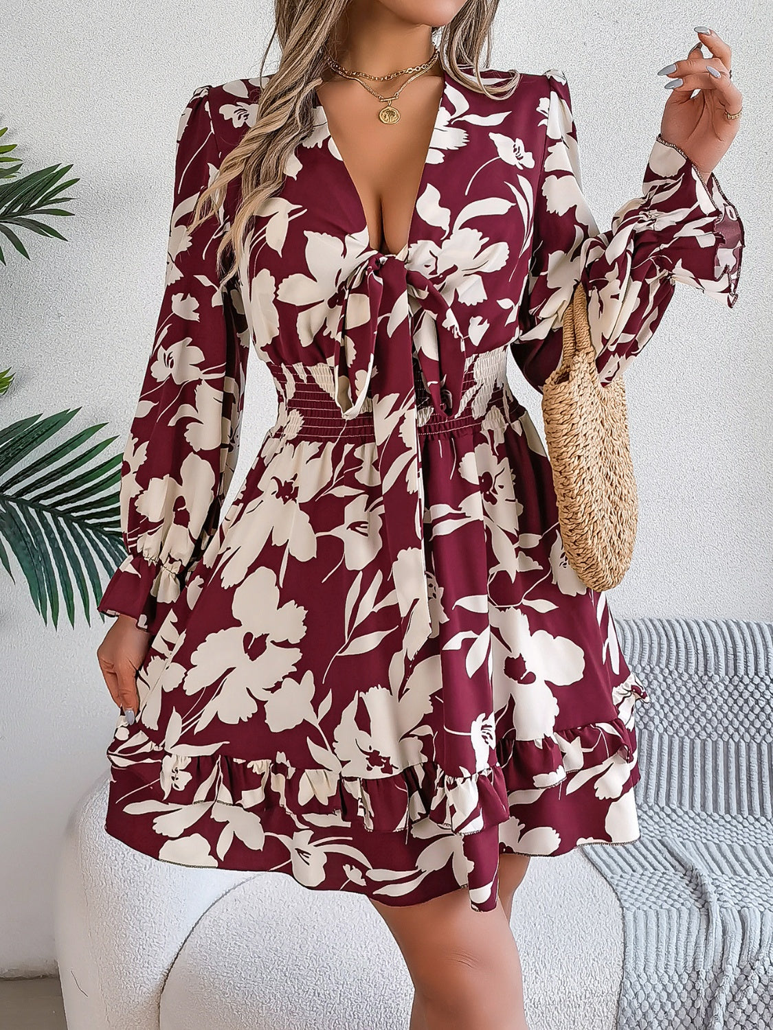 Tied Ruffled Printed Long Sleeve DressFeatures: Ruffled, Tied
Sheer: Opaque
Stretch: No stretch
Body: Not lined
Material composition: 100% polyester
Care instructions: Machine wash cold. Tumble dry low.
Tied Ruffled Printed Long Sleeve DressTied Ruffled Printed Long Sleeve Dress