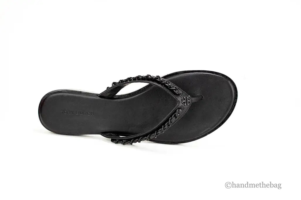 Tory Burch Everly Black Leather Chain Flip Flop Sandals