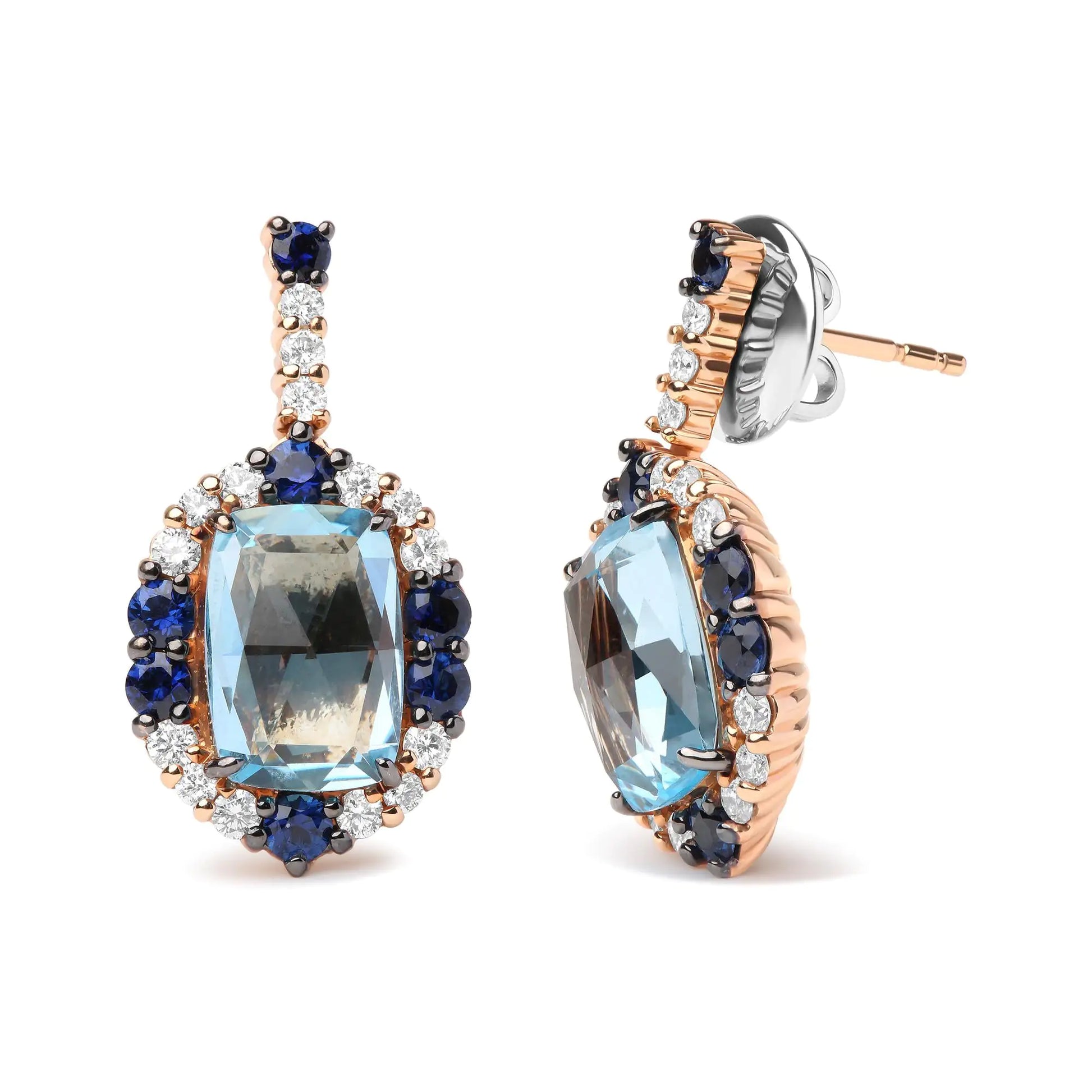 18K White and Rose Gold and 3/4 Cttw Diamond with Round Blue Sapphire These regal dangle earrings are radiant and ready for any occasion, crafted from genuine 18k white and rose gold. A bold, eye-catching natural 13x8mm cushion-cut sky18K White18K White