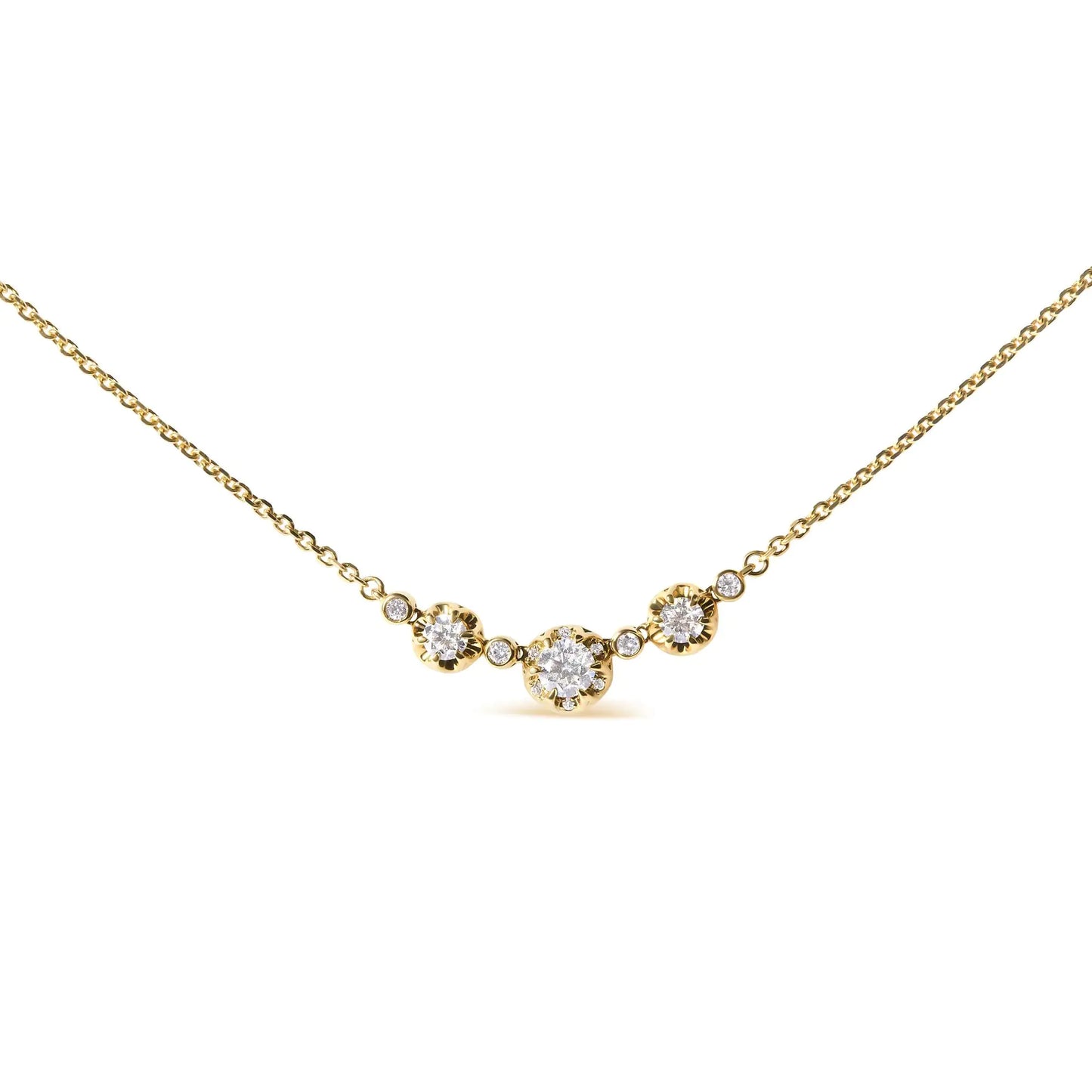 14k yellow gold 3/4 cttw 3 stone round diamond 18" statement necklace with H-I color and I1-I2 clarity diamonds.