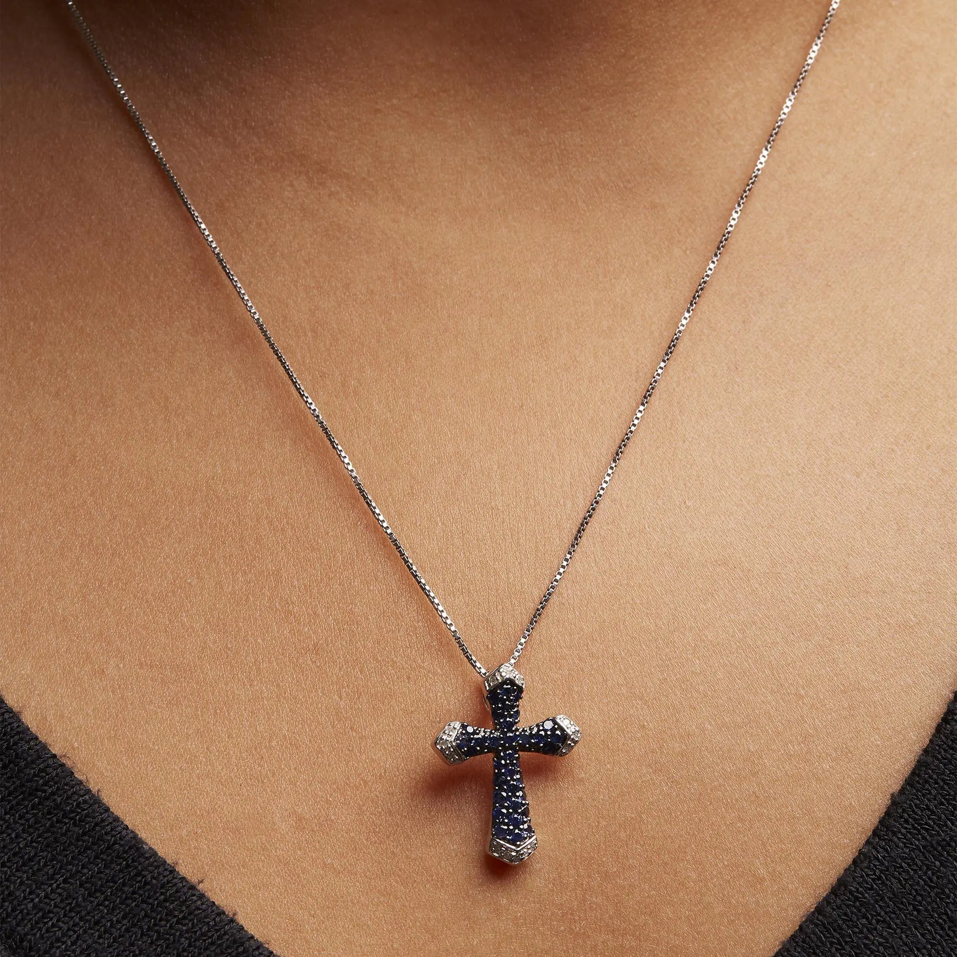 Sterling Silver Created Blue Sapphire and White Diamond Accent Cross Pendant Necklace