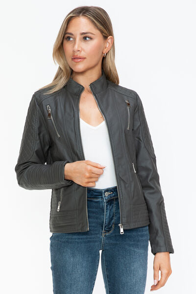 Snobbish Faux Leather Zip Up Mock Neck JacketThe Faux Leather Zip Up Mock Neck Jacket is a sleek and versatile outerwear piece. Made from durable faux leather, this jacket features a stylish mock neck design anSnobbish Faux Leather ZipSnobbish Faux Leather Zip