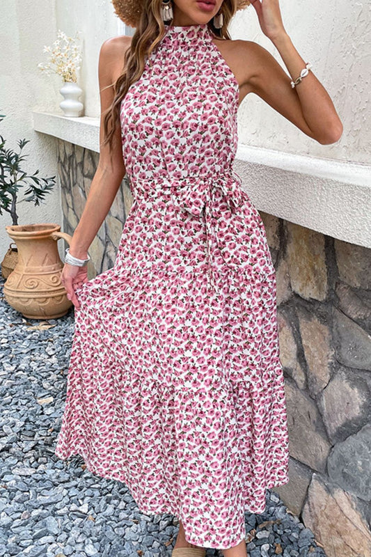 Perfee Floral Tie-Waist Tiered DressPattern: Floral
Features: Tie-waist, tiered, sleeveless, tie-back
Neckline: Grecian neck
Stretch: Moderate stretch
Product measurements:
S: bust 36 in, length 50 in,Perfee Floral Tie-Waist Tiered DressPerfee Floral Tie-Waist Tiered Dress