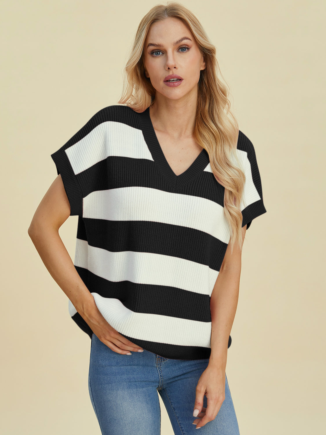 Double Take Full Size Striped V-Neck Short Sleeve SweaterFeatures: Basic style
Stretch: Moderate stretch
Material composition: 50% viscose, 29% polyester, 21% polyamide
Care instructions: Machine wash cold. Tumble dry low.-Neck Short Sleeve Sweater-Neck Short Sleeve Sweater