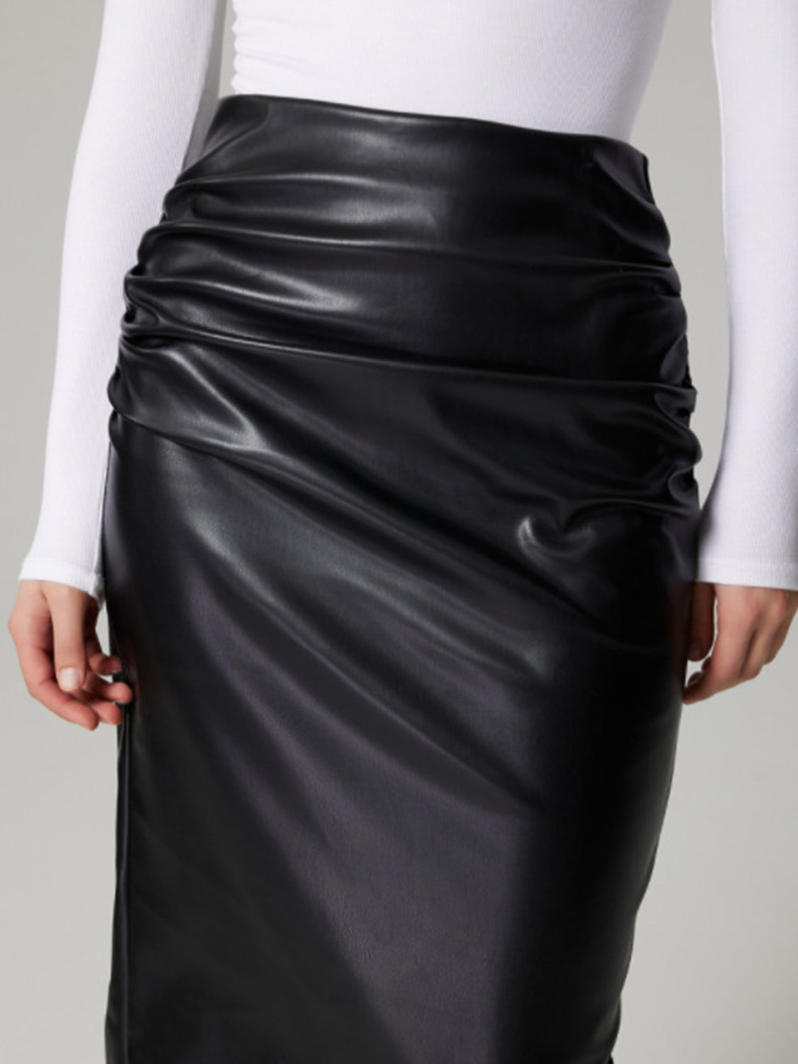 Slit Back Ruched Midi SkirtFeatures: Ruched
Sheer: Opaque
Body: Not lined
Material composition: 95% polyester, 5% spandex
Care instructions: Machine wash cold. Tumble dry low.
Imported
ProductSlit Back Ruched Midi SkirtSlit Back Ruched Midi Skirt