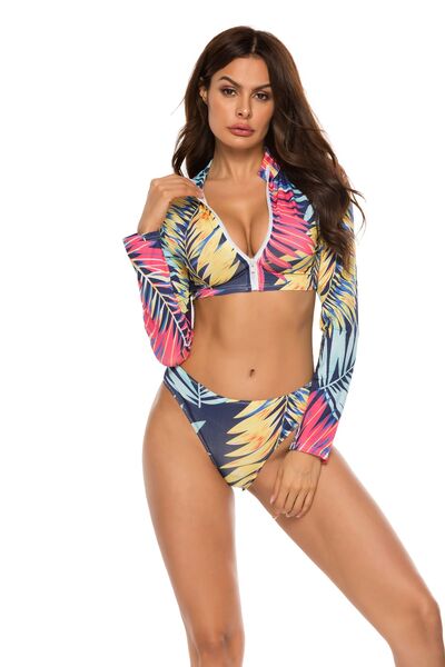 Printed Zip Up Three-Piece Swim SetFeatures: Basic style
Number of pieces: Three-piece
Chest pad: No padding
Underwire: No underwire
Stretch: Highly stretchy
Material composition: 90% polyester 10% sp-Piece Swim Set-Piece Swim Set