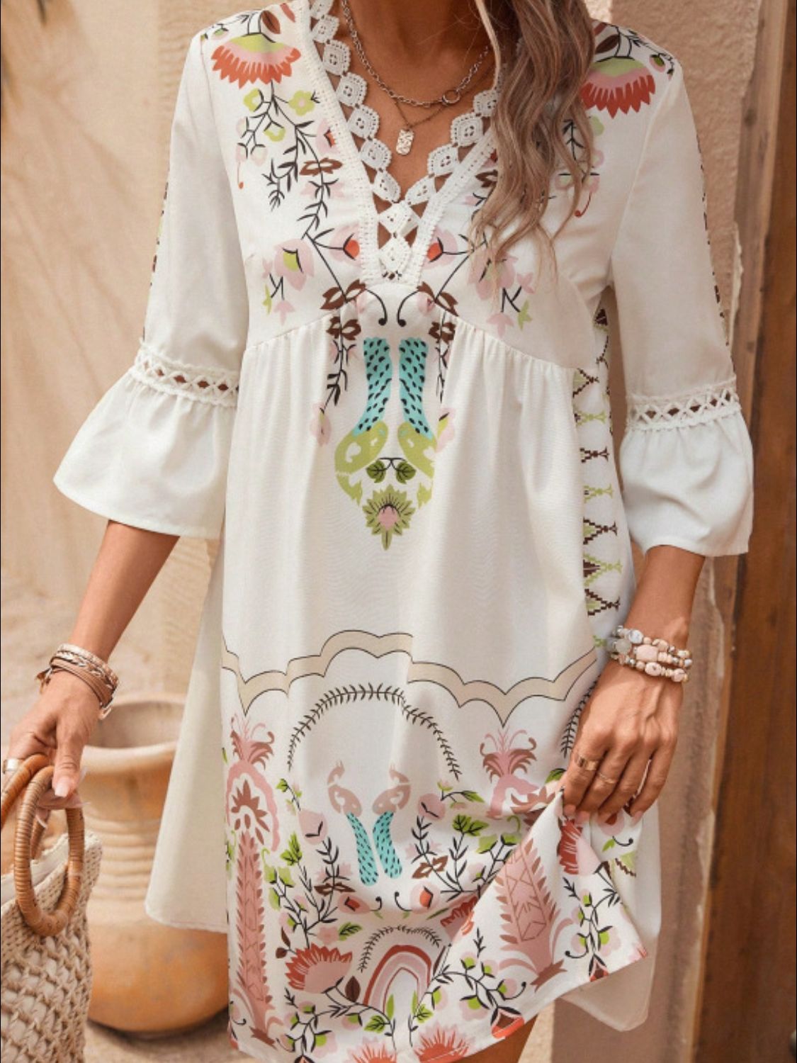 Lace Detail Printed Three-Quarter Sleeve DressFeatures: Lace Detail
Sheer: Semi-sheer
Stretch: No stretch
Body: Not lined
Material composition: 100% polyester
Care instructions: Machine wash cold. Tumble dry lowLace Detail PrintedDressesLace Detail Printed