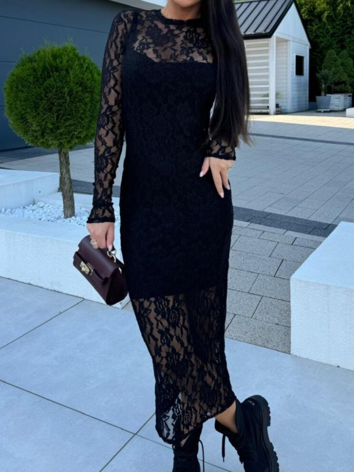 Lace Round Neck Long Sleeve Midi DressFeatures: Lace
Sheer: Semi-sheer
Stretch: Slightly stretchy
Body: Not lined
Material composition: 100% polyester
Care instructions: Machine wash cold. Tumble dry lowLace Round Neck Long Sleeve Midi DressLace Round Neck Long Sleeve Midi Dress