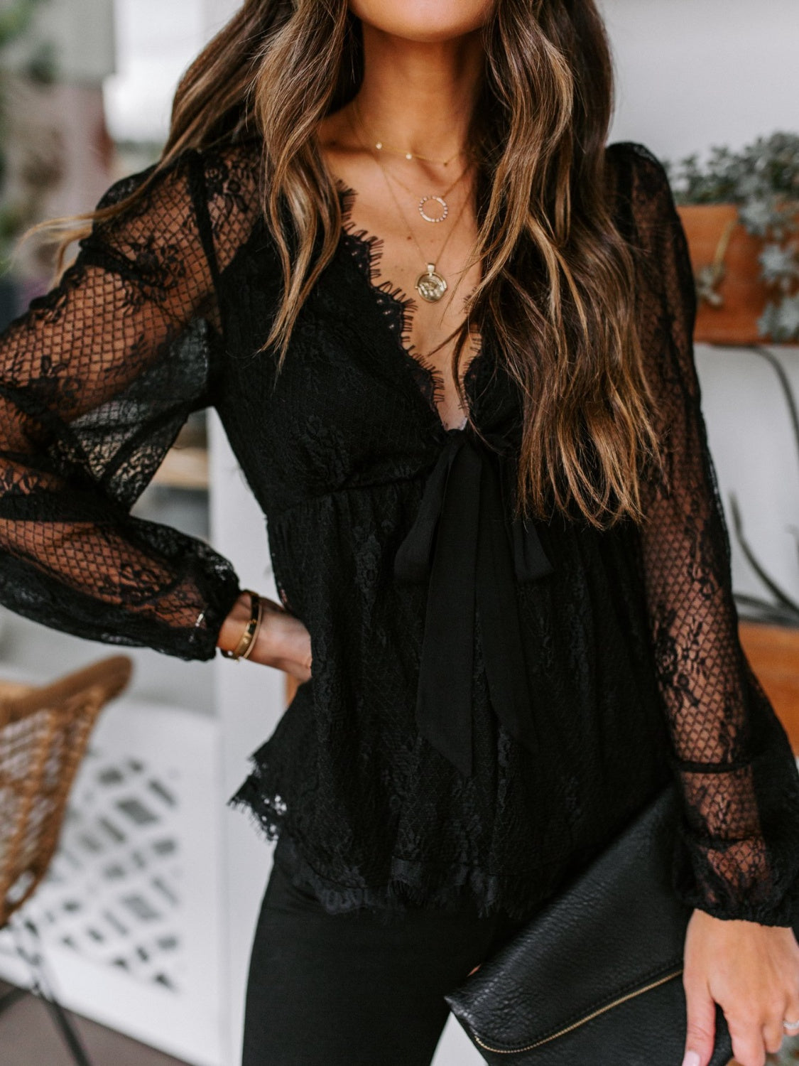 Lace Detail Plunge Long Sleeve BlouseElevate your wardrobe with our Lace Detail Plunge Long Sleeve Blouse. Featuring a flattering plunge neckline and delicate lace accents, this blouse exudes elegance aLace Detail Plunge Long Sleeve BlouseLace Detail Plunge Long Sleeve Blouse