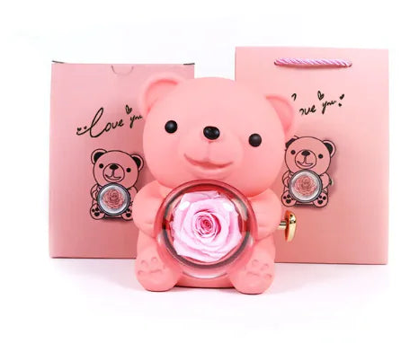 Rotating Bear Gift Box Rose Jewelry Box – Unique Jewelry Organizer with Rotating Display