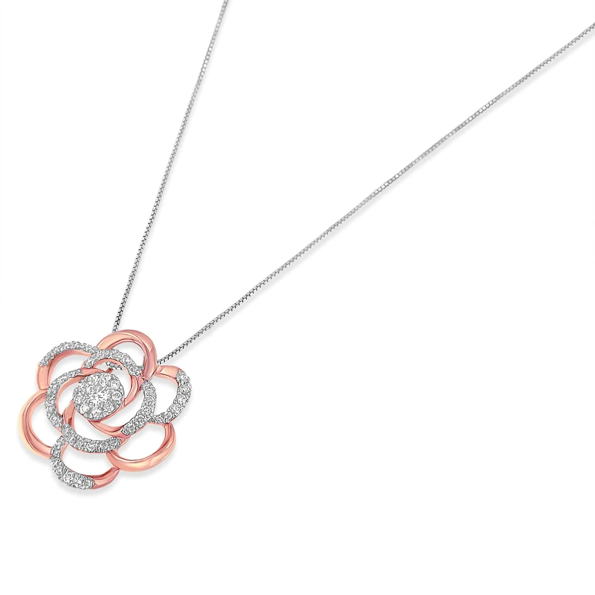 10K Rose Gold Plated Flower Accent Pendant Necklace with 1/2 cttw RounDefine your look with this alluring diamond pendant. Formed in the shape of a flower, the pendant is created with ten karats gold and polished high to shine with ros10K Rose Gold Plated Flower Accent Pendant NecklaceNecklace10K Rose Gold Plated Flower Accent Pendant Necklace