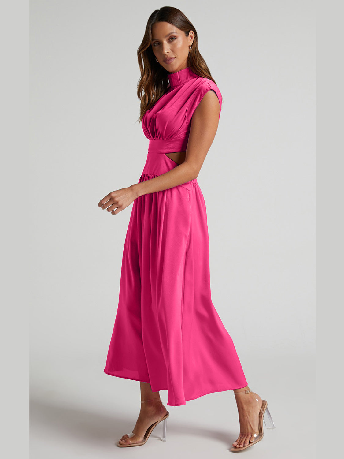 Cutout Mock Neck Sleeveless Ruched DressFeatures: Cutout
Sheer: Opaque
Stretch: Slightly stretchy
Body: Not lined
Material composition: 95% polyester, 5% spandex
Care instructions: Machine wash cold. TumblCutout Mock Neck Sleeveless Ruched DressCutout Mock Neck Sleeveless Ruched Dress