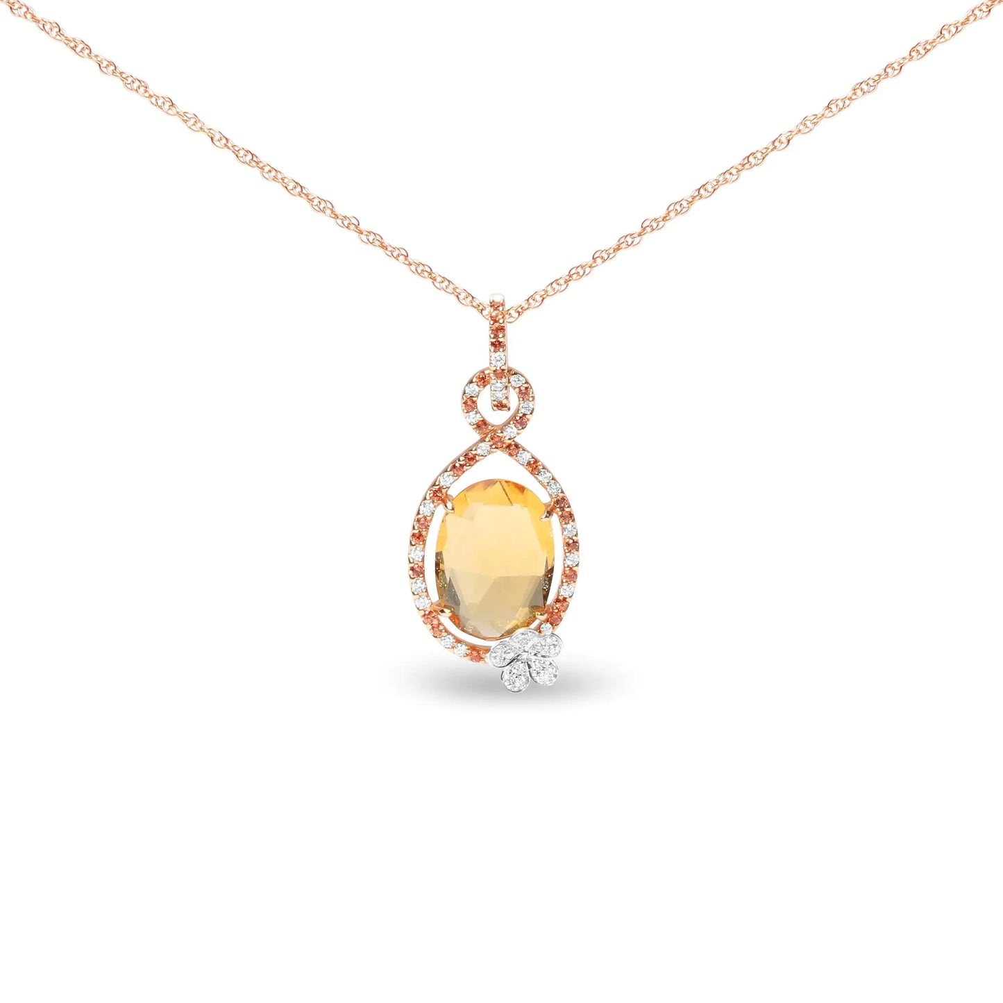 18K Rose Gold 1/5 Cttw Diamond and Oval Yellow Citrine and Round OrangIn a halo teardrop motif of genuine 18k rose gold, this pendant necklace makes an awe-inspiring impression comprised of natural gemstones and diamonds. At the center18K Rose Gold 15 Cttw Diamond18K Rose Gold 15 Cttw Diamond