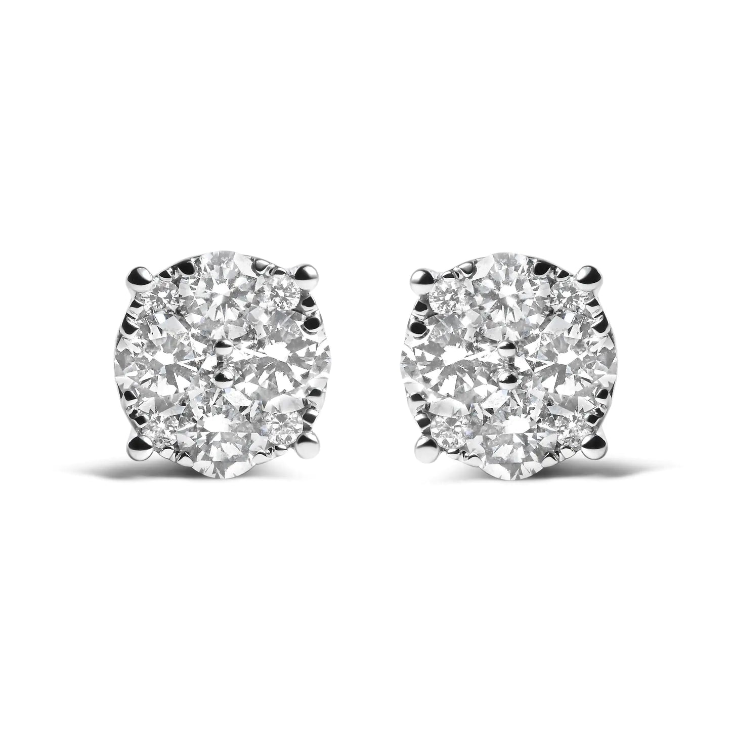 14K white gold diamond cluster stud earrings with 2 carats total weight, featuring lab-grown and natural diamonds.