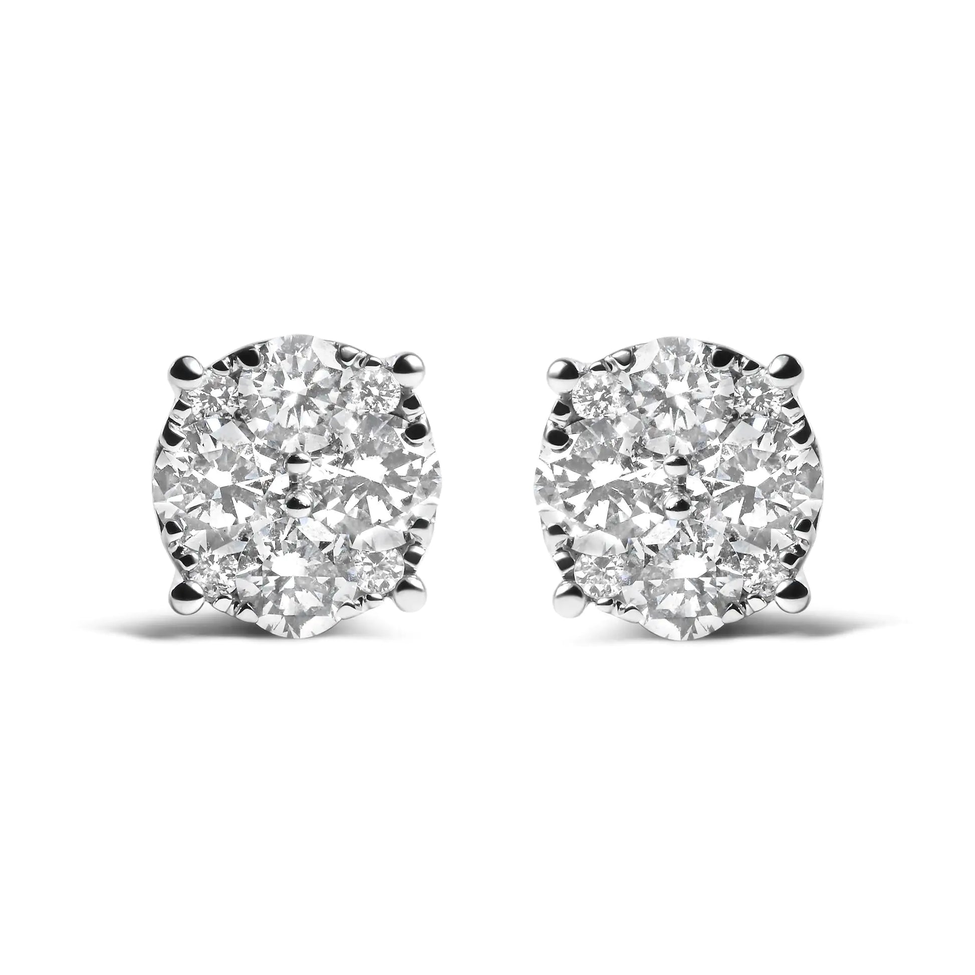 14K white gold diamond cluster stud earrings with 2 carats total weight, featuring lab-grown and natural diamonds.