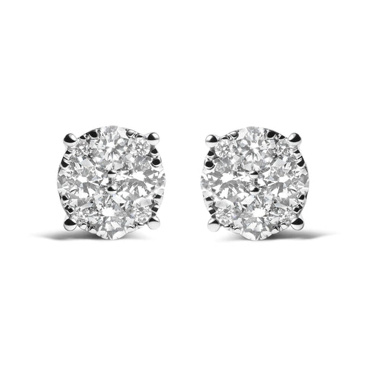 14K white gold diamond cluster stud earrings with 2 carats total weight, featuring lab-grown and natural diamonds.