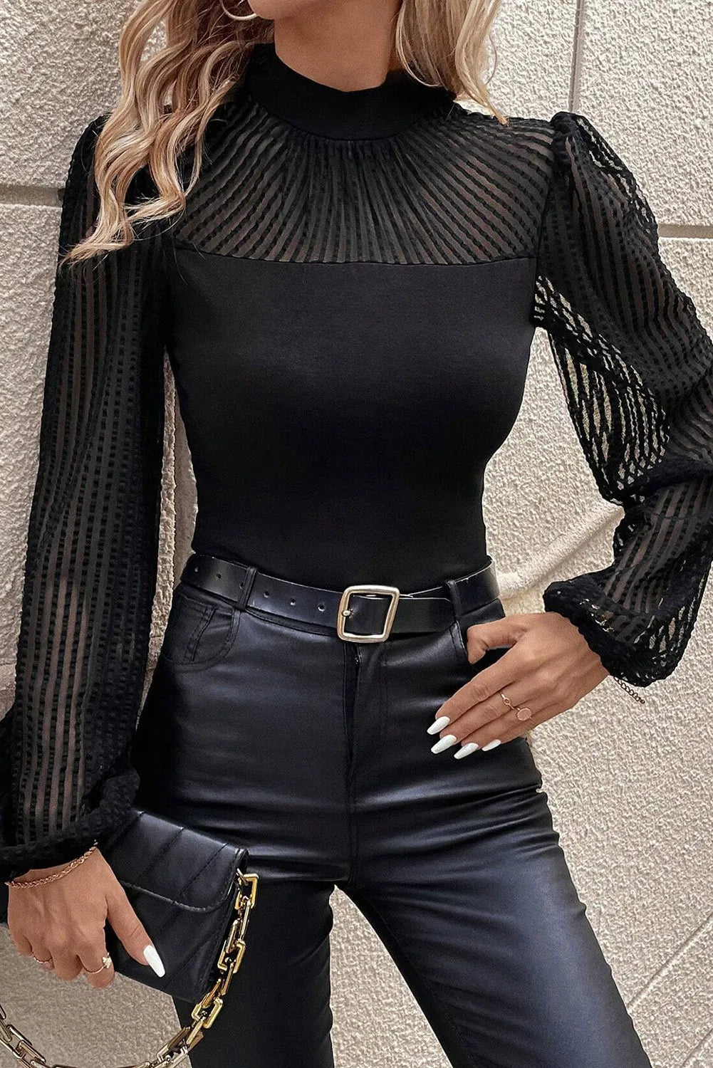 Mock Neck Long Sleeve BlouseFeatures: Basic style
Sheer: Semi-sheer
Stretch: Slightly stretchy
Material composition: 95% polyester, 5% elastane
Care instructions: Machine wash cold. Tumble dry Mock Neck Long Sleeve BlouseMock Neck Long Sleeve Blouse