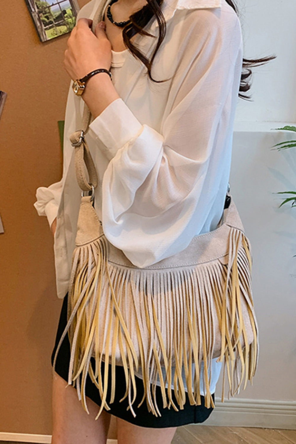 Suede Fringe Adjustable Strap Shoulder BagBag size: Small
Material: Suede
Imported
Product measurements:
Length 9.8 in, Width 3.1 in, Height 7.1 in, Weight 15.9 ozbag strapbag strap