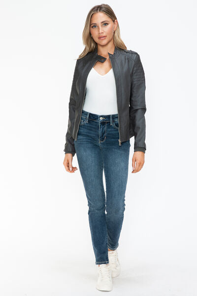 Snobbish PU Leather Biker Jacket with Side Zip PocketsA PU leather biker jacket with side zip pockets is a stylish and edgy piece that combines classic biker aesthetics with modern design elements. This jacket is typicaSnobbish PU Leather Biker JacketSnobbish PU Leather Biker Jacket