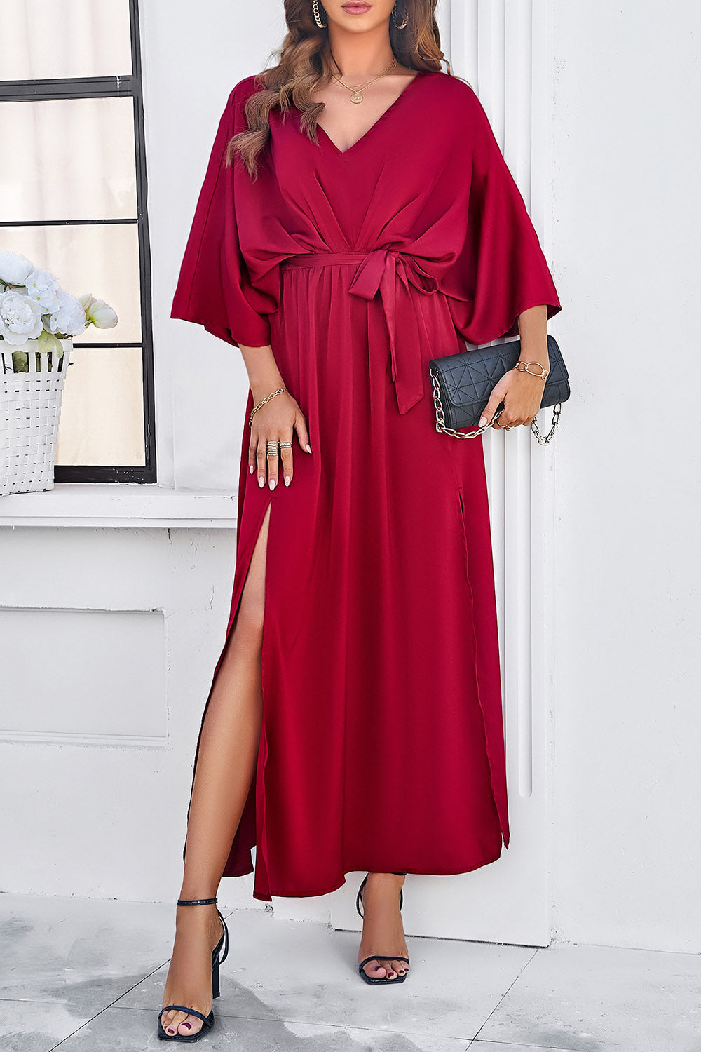 Devine Slit Tied V-Neck Three-Quarter Sleeve DressFeatures: Tied, Slit
Sheer: Opaque
Stretch: Slightly stretchy
Body: Not lined
Material composition: 100% polyester
Care instructions: Machine wash cold. Tumble dry lDevine Slit TiedDressesDevine Slit Tied