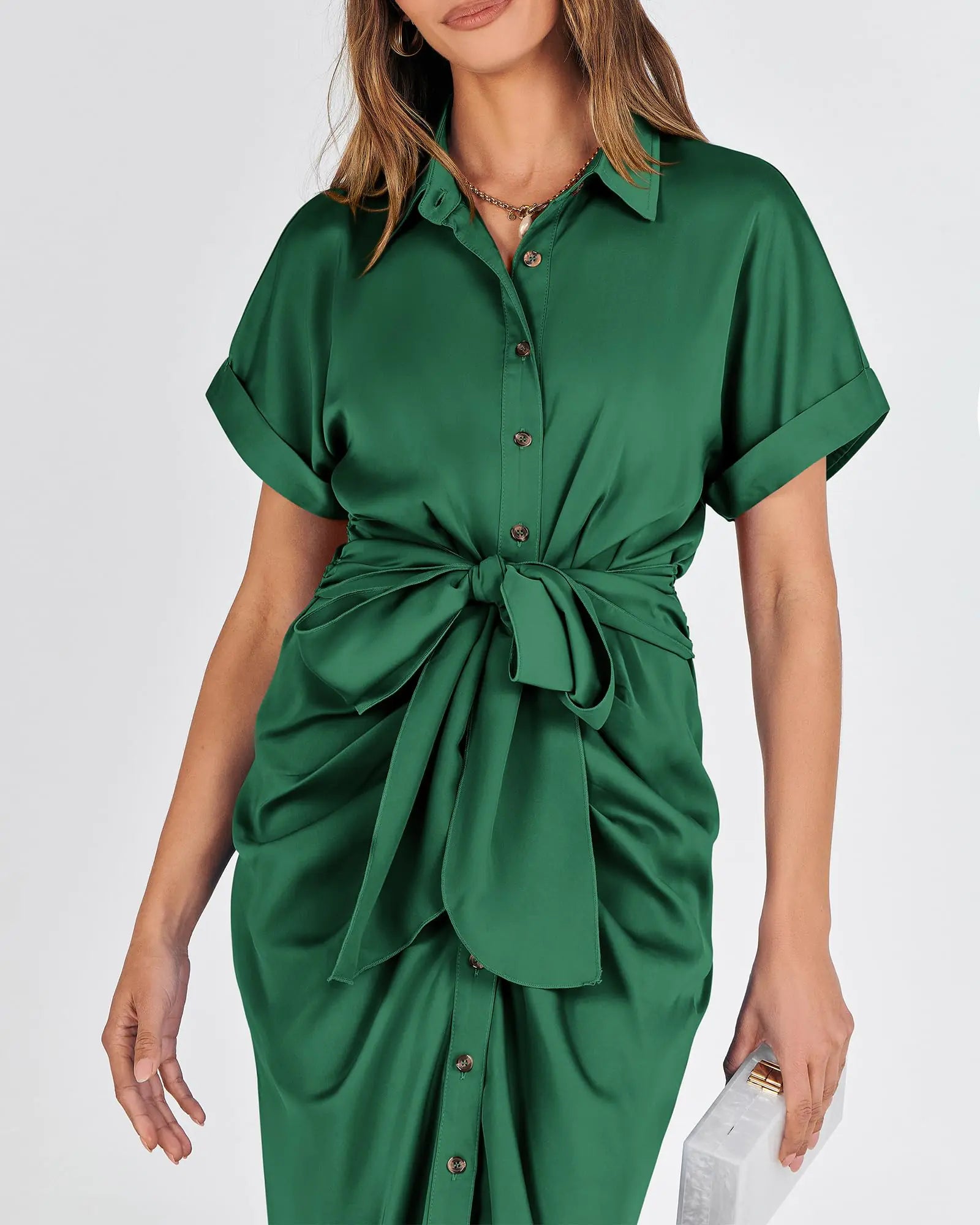 Women Button Down Ruched Shirt Dresses Short Sleeve Lapel V Neck Elegant Party Spring Summer Maxi Satin Dress