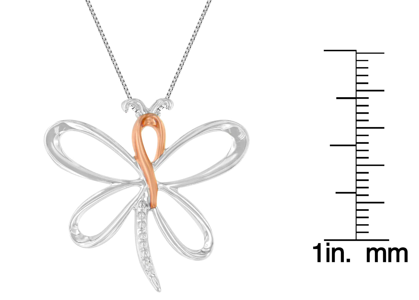 10K Rose Gold over .925 Sterling Silver Diamond-Accented Dragonfly 18"This stunning two-tone 10K rose gold and sterling silver pendant necklace features a dragonfly shaped pendant with a 10K rose gold coated thorax and silver wings and10K Rose GoldNecklace10K Rose Gold