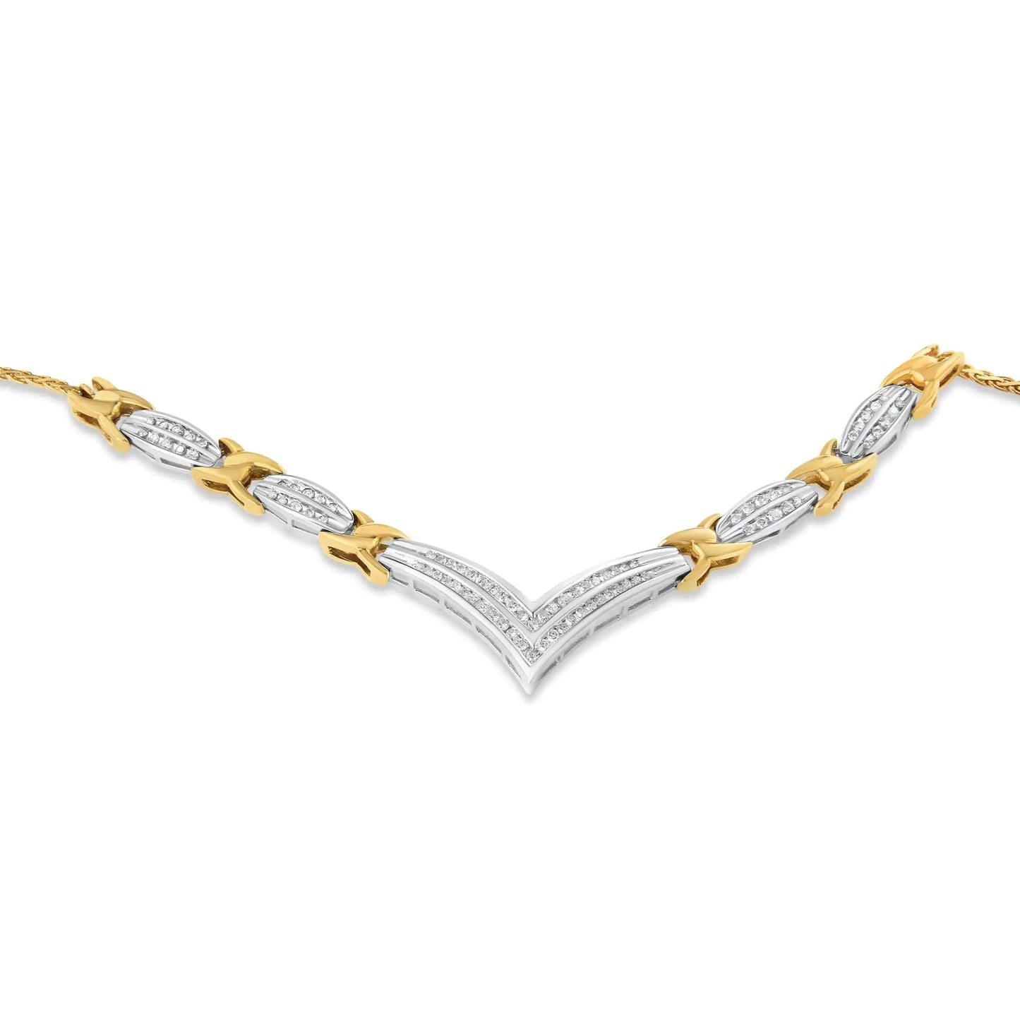 10K Yellow and White Gold 1.0 Cttw Round and Princess cut Diamond "V" Surprise her by presenting this beautiful neck piece. This elegant piece is crafted from alluring weaves of 14k white and yellow gold. Formed in an elegant V shape, White Gold 1NecklacesWhite Gold 1