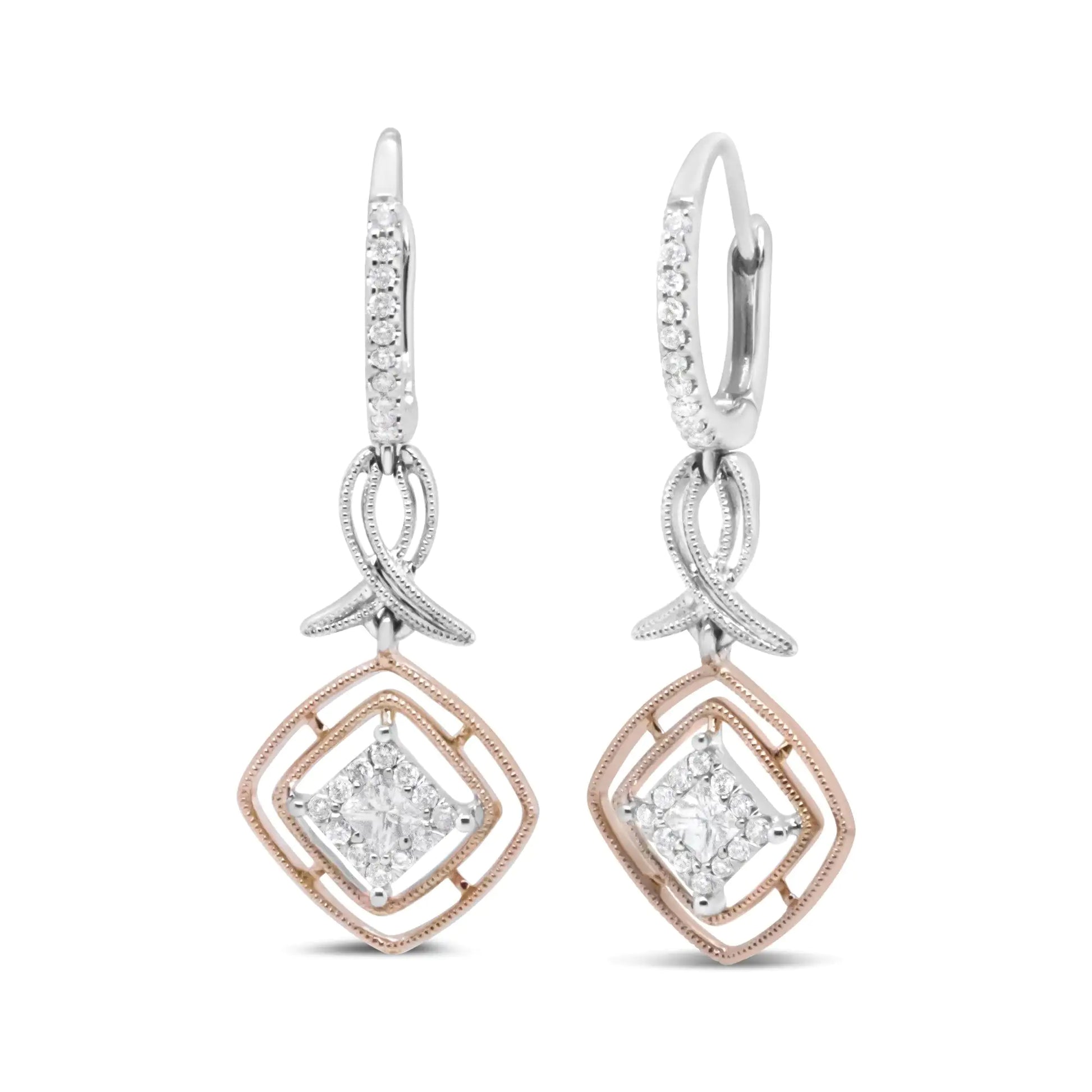 14K two-tone gold diamond dangle earrings with 1/2 CTTW princess-cut diamonds.