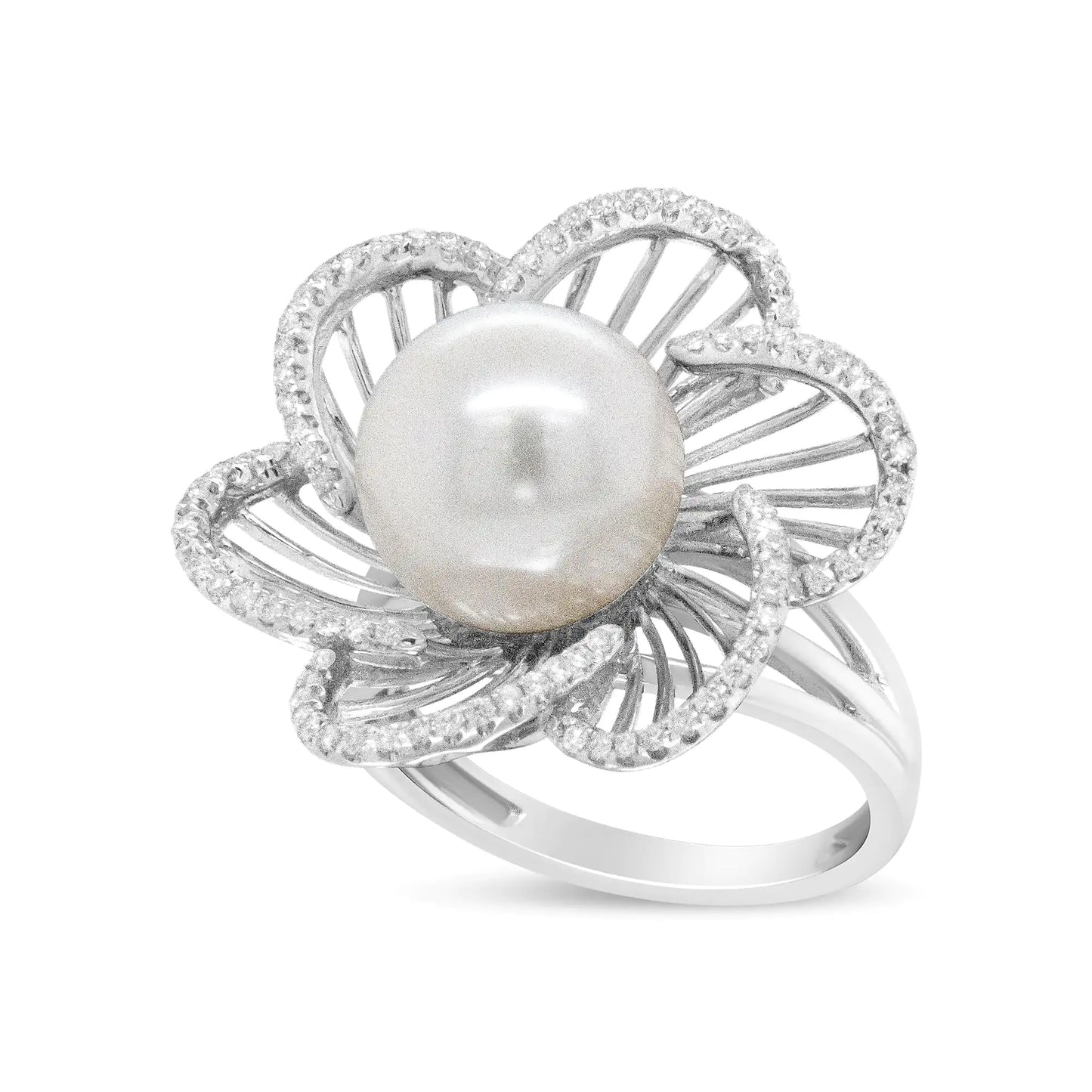 14K White Gold 11mm Round Pearl and 1/3 Cttw Round Diamond Openwork FlThe timeless style of this stunning 14k white gold ring will always be in season. In a floral motif, this ring features an elegant 11mm round pearl at its center. Th14K White Gold 11mm Round Pearl14K White Gold 11mm Round Pearl