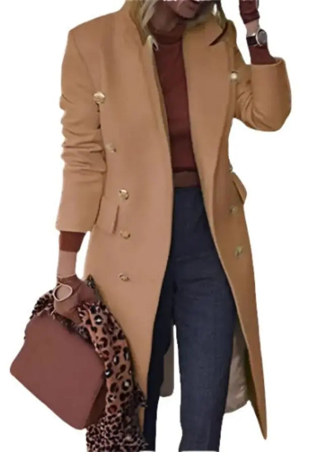 Women's Elegant Double-Breasted Mid-Long Pea Coat – Stylish & Warm Winter Trench Coat