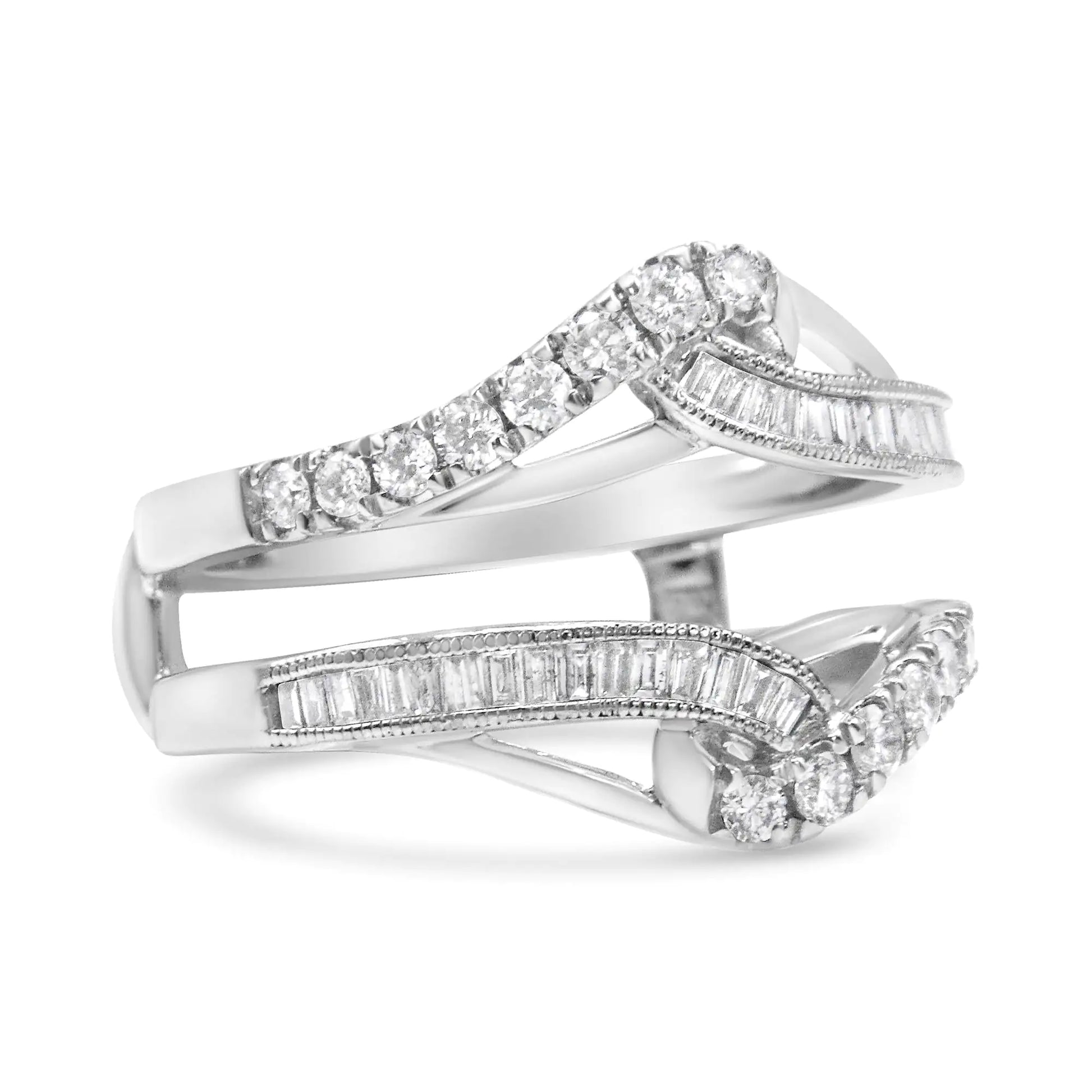 14K White Gold 0.65 Cttw Round and Baguette Invisible-Set Diamond EnhaThis sparkling ring enhancer is a piece that will instantly elevate her bridal or diamond solitaire ring. The look displays a top and bottom row of round diamonds in14K White Gold 014K White Gold 0