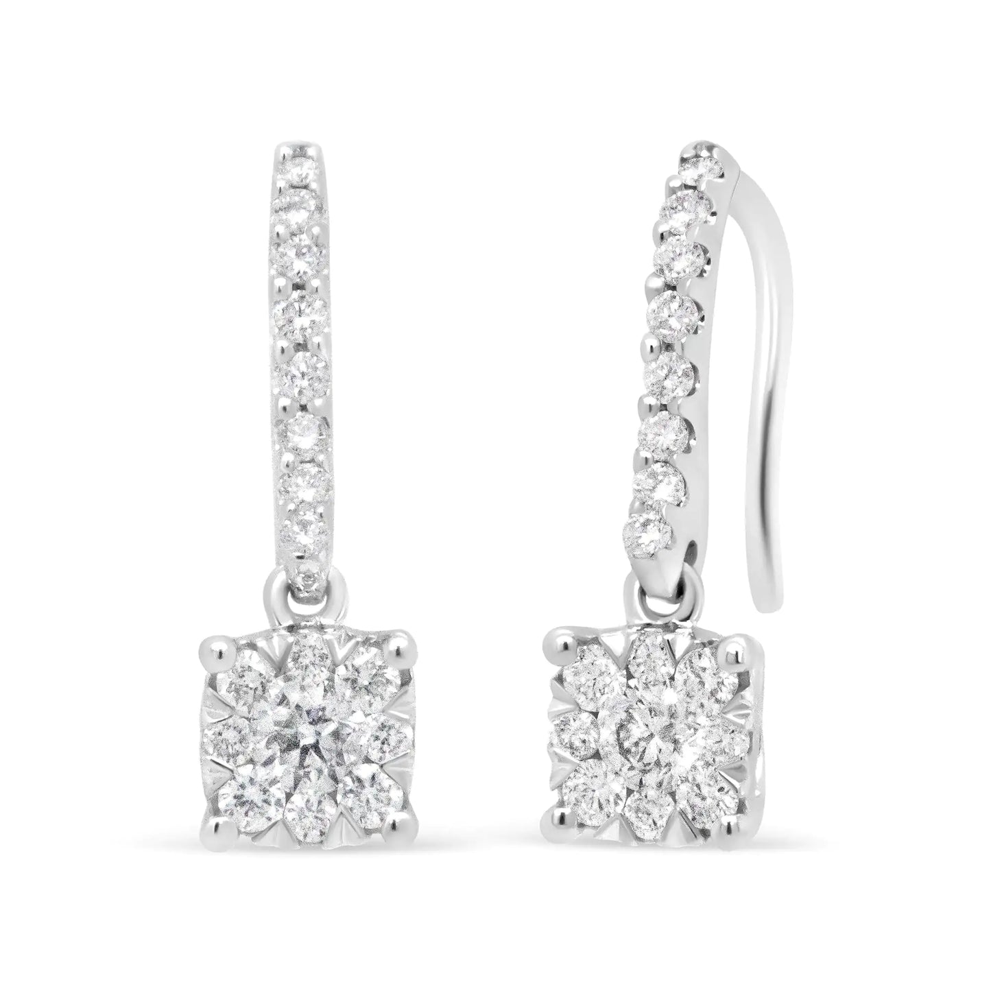 14K white gold diamond dangle earrings with 1/2 CTTW halo design elegance.