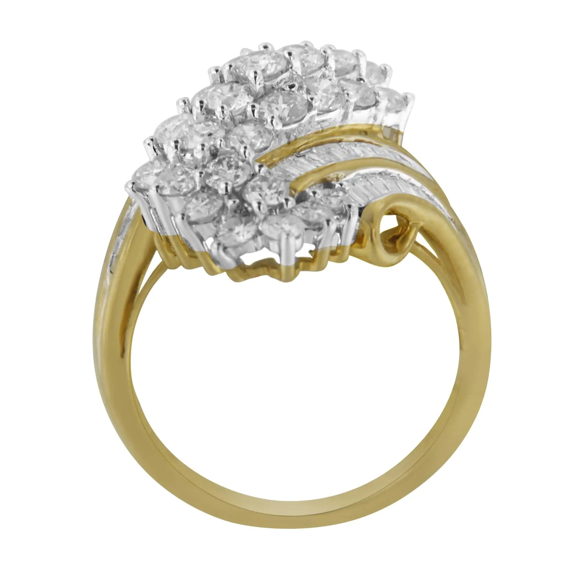 10kt Yellow Gold Diamond Cluster Ring (2 5/8 cttw, H-I Color, SI2-I1 CA diamond cluster ring that glistens with a striking 81 diamonds arranged in a retro style. The mix of round brilliant cut and baguette diamonds adds a geometric con10kt Yellow Gold Diamond Cluster Ring (2 5/8 cttw,Rings10kt Yellow Gold Diamond Cluster Ring (2 5/8 cttw,