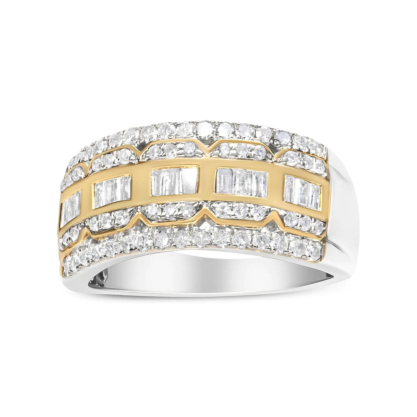 10K White and Yellow Gold 1.00 Cttw Baguette and Round cut Diamond ArtMake a statement with this exquisite art deco inspired ring. Made in 10k white and yellow gold, this piece showcases 1ct TDW of diamonds. A row of baguette cut diamoYellow Gold 1RingsYellow Gold 1