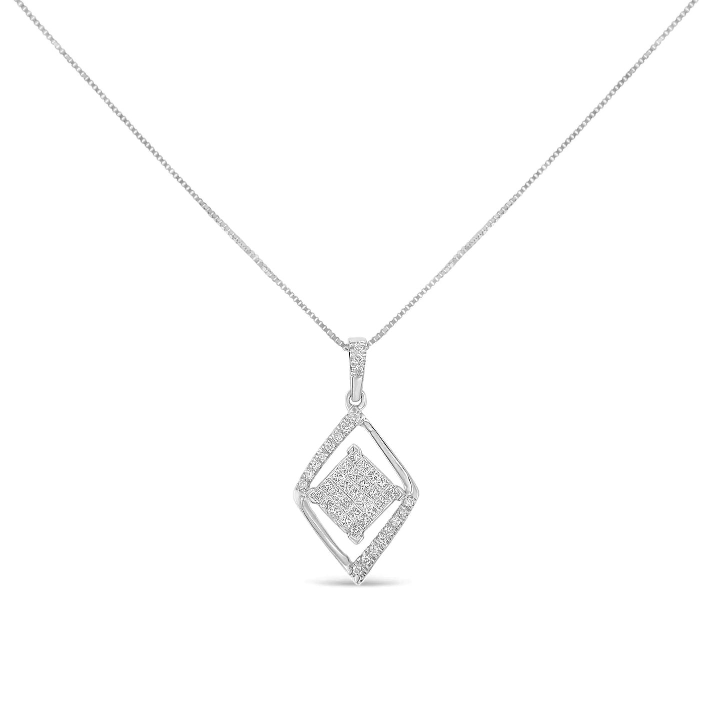 10k White Gold 1/3 Cttw Round and Princess-Cut Diamond Double TriangleThis geometric double rhombus necklace is set with 1/3 cttw of natural, beautiful diamonds. Sure to shine on your neck, this pendant is designed with the finest 10k 10k White Gold 13 Cttw RoundNecklace10k White Gold 13 Cttw Round