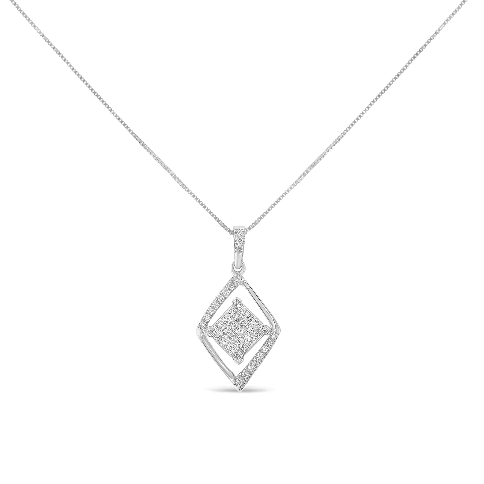 10k White Gold 1/3 Cttw Round and Princess-Cut Diamond Double TriangleThis geometric double rhombus necklace is set with 1/3 cttw of natural, beautiful diamonds. Sure to shine on your neck, this pendant is designed with the finest 10k 10k White Gold 13 Cttw RoundNecklace10k White Gold 13 Cttw Round