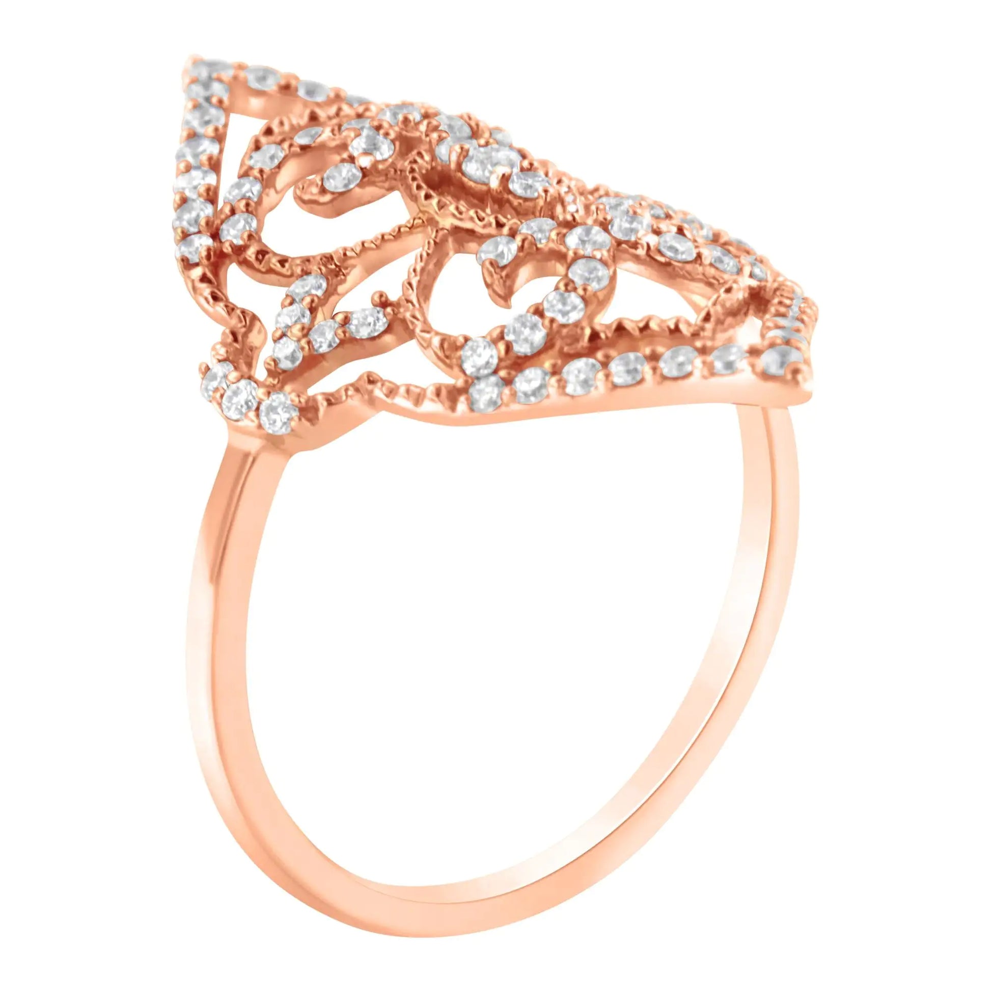 10K Rose Gold Diamond Cocktail Ring (1/2 Cttw, H-I Color, I1-I2 ClaritThis intricately designed cocktail ring features a central cluster of three round diamonds surrounded in an elaborate scrolled motif accented by further diamonds. Cr10K Rose Gold Diamond Cocktail Ring (1/2 Cttw,Rings10K Rose Gold Diamond Cocktail Ring (1/2 Cttw,