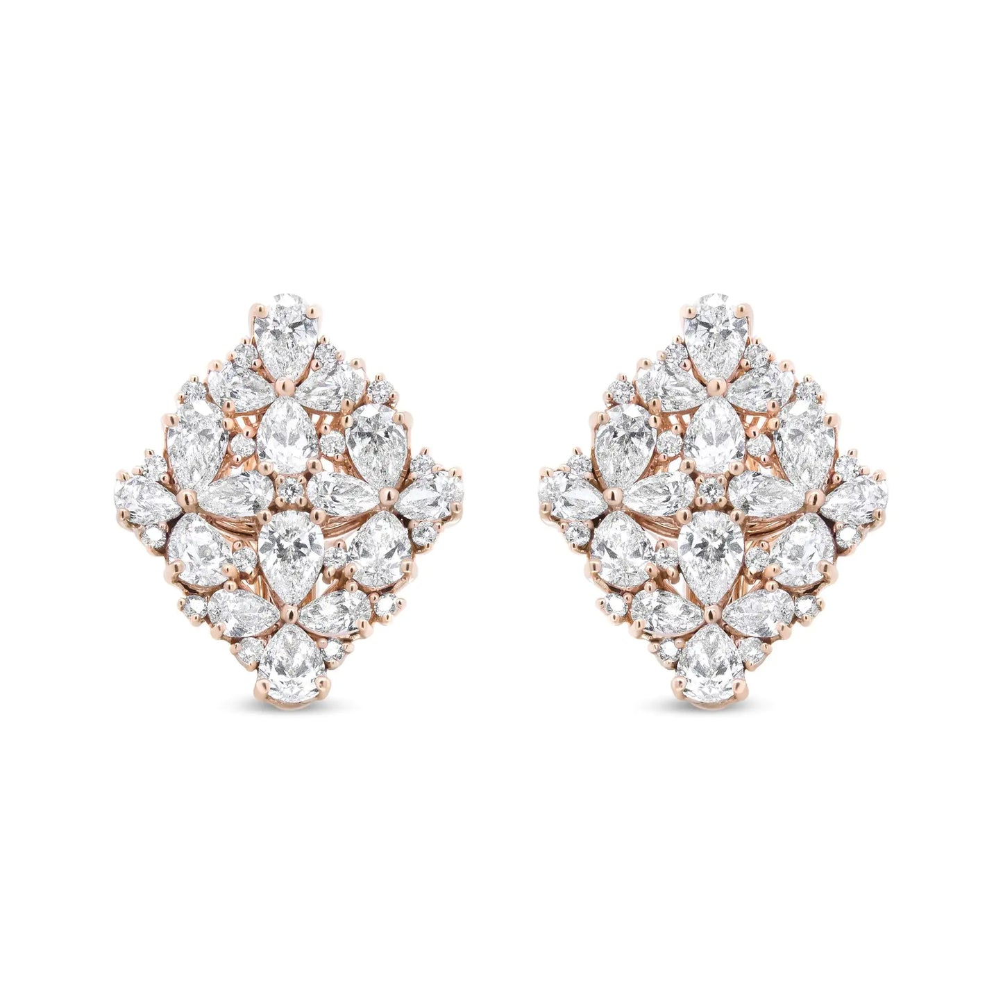 18K rose gold earrings with pear and round diamond floral cluster design.