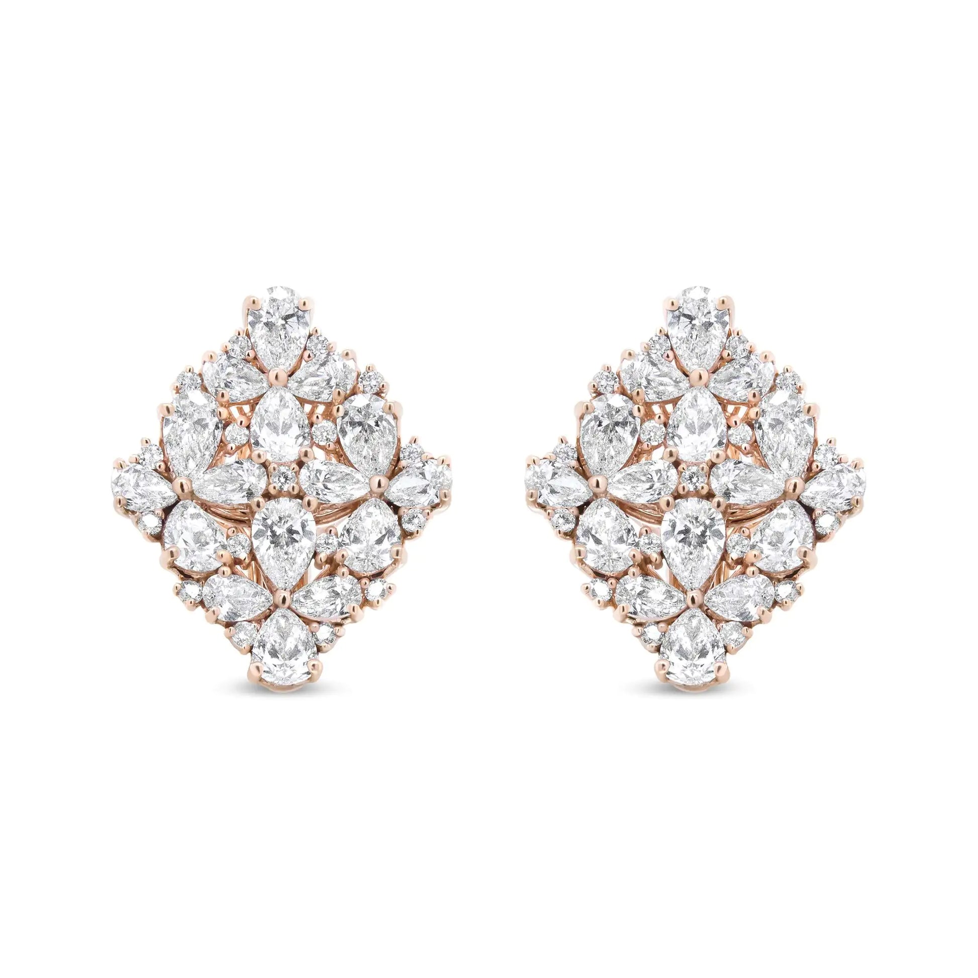 18K rose gold earrings with pear and round diamond floral cluster design.