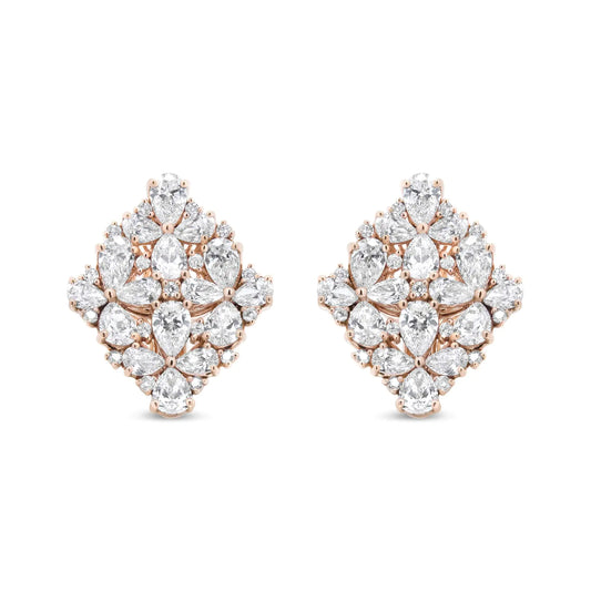 18K rose gold earrings with pear and round diamond floral cluster design.