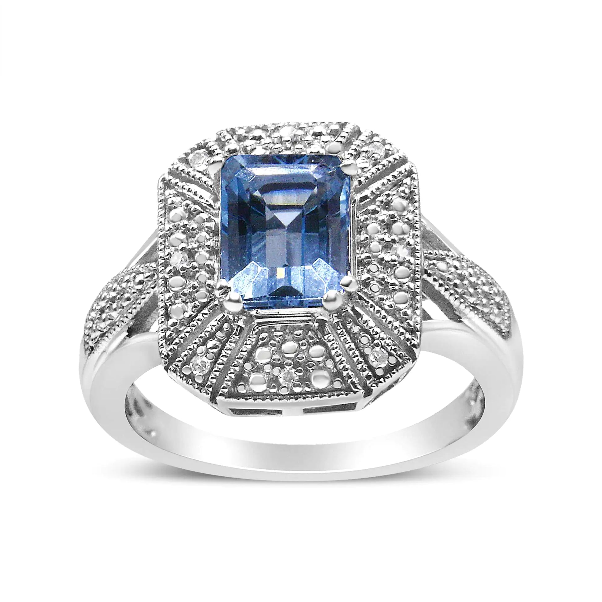 Sterling Silver Diamond Accent Emerald-Shape Blue Topaz Ring (I-J Color, I2-I3 Clarity)