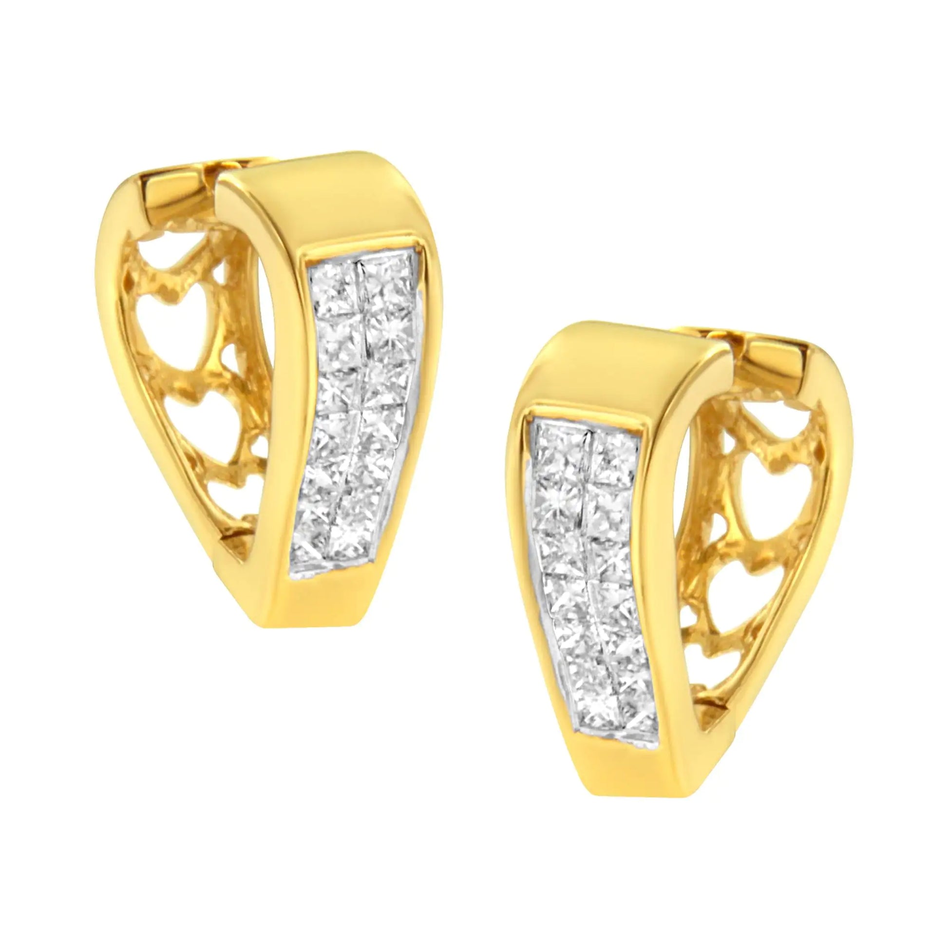 14K Yellow Gold Diamond Huggy Earrings (1/2 cttw, H-I Color, SI2-I1 ClAdd a touch of charm and sophistication with these petite and trendy diamond huggy earrings. Crafted in 14k yellow gold, these elegant hoops feature delicate heart-s14K Yellow Gold Diamond Huggy Earrings 12 cttw14K Yellow Gold Diamond Huggy Earrings 12 cttw