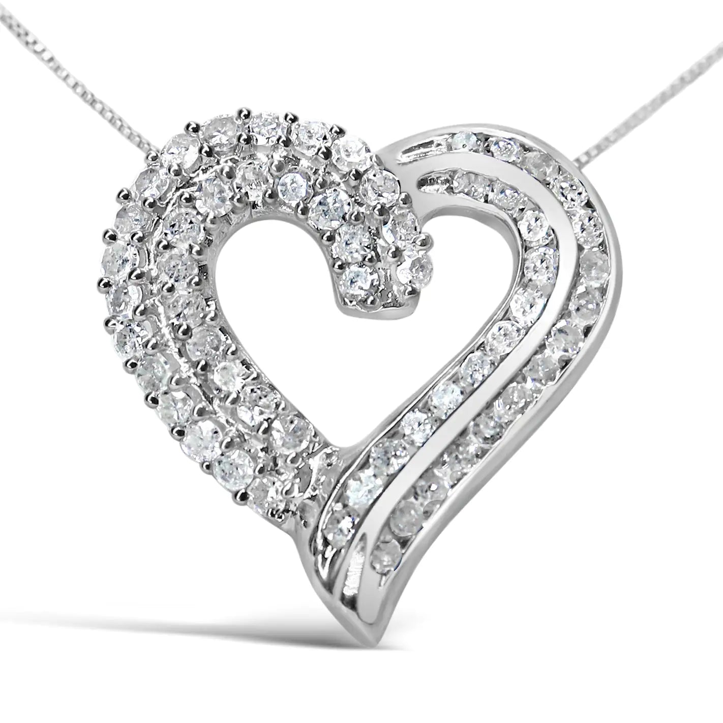 Sterling Silver Prong & Channel-Set Diamond Open work Ribbon Heart PenCelebrate love and romance with this stunning .925 sterling silver heart pendant necklace. Featuring an openwork heart silhouette adorned with 1.0 cttw of round diamSterling Silver Prong & Channel-Set Diamond Open work Ribbon Heart Pendant 18" NecklaceSterling Silver Prong & Channel-Set Diamond Open work Ribbon Heart Pendant 18" Necklace